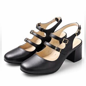 Y2K Mary Jane Shoe Women's Size 10 Wide Black Block 3" Heel Triple Buckle